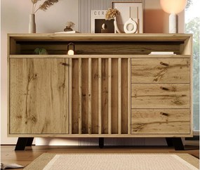 Kredens 120x40x85cm - z 3 szufladami i 2 drzwiami - styl retro - z otwartymi półkami - kolor ciemny dąb