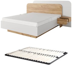 Łóżko z szafkami nocnymi 160 x 200 cm - Z oświetleniem LED - Naturalny i biały + Stelaż - DESADO