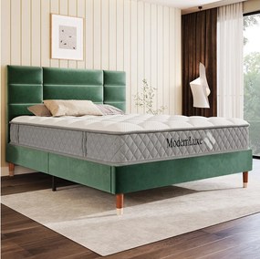 Łóżko tapicerowane dwuosobowe - 140 x 200 cm - z zagłówkiem + stelażem - aksamitne - zielone (z materacem)