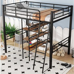 Łóżko antresolowe 90 x 200 cm - Łóżko dziecięce z biurkiem i półką do przechowywania - czarne - bez materaca