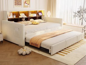 Rozkładana sofa z poduszkami 90x190cm - z oświetleniem LED - z gniazdem ładowania - z wysuwane łóżko - tkanina welurowa - beżowy