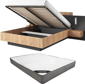 Łóżko ze skrzynią i szafkami nocnymi 140 x 190 cm - 2 szuflady - Z oświetleniem LED - Kolor: Naturalny i antracytowy + Materac - FRANCOLI