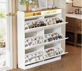 Nowoczesna szafa na buty 120x24x130cm - z oświetleniem LED - 6 drzwi uchylnych - Biały + Naturalny