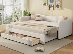 Tapicerowana sofa z łóżkiem 90x200cm - z łóżkiem chowanym - 2 szuflady do przechowywania - Port USB - Tkanina bouclé - Beżowy​ (bez materaca)