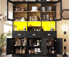 Nowoczesny kredens kuchenny 140x40x175cm - 6 drzwi + 3 szuflady + 9 półek - meble wysokie - z oświetleniem LED - Czarny