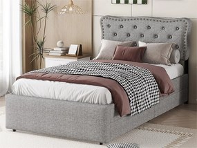 Łóżko tapicerowane z lnu z 2 szufladami - 90x200cm - wezgłowie ozdobione ćwiekami - Szare