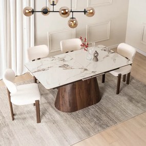 Stół Rozkładany Prostokątny LIZBONA 160-200 cm Ceramiczny Biały Marmur/Orzech Japandi