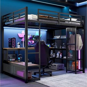 Łóżko piętrowe metalowe dla dzieci - 140 x 200 cm - z biurkiem + półką + otwartą szafą + portem USB + diodami LED - czarne