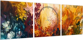 Obraz - Abstrakcyjny obraz kwiatów (z zegarem) (90x30 cm)
