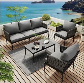 Zestaw mebli ogrodowych modułowych 5-osobowych ze stali ocynkowanej: 1 sofa 3-osobowa + 2 fotele + 1 prostokątny stolik kawowy - Szary