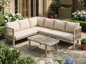 Salon Ogrodowy Narożny 6 Osób ze Stolikiem Kawowym ze Szkła - Podłokietniki z Plecionego Sznurka Teslin - Konstrukcja Stal Ocynkowana - Khaki