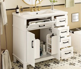 Mebel łazienkowy z ceramiczna umywalką 90x46x87 cm - 4 szuflady i 3 drzwi - Biały