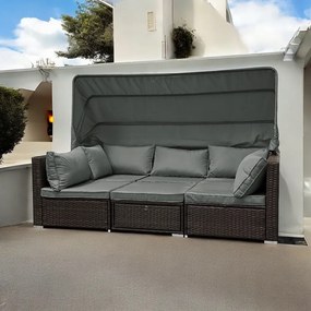 Wielofunkcyjny zestaw mebli ogrodowych - narożnik, leżanka z daszkiem Galicja 101 brąz, poduszki szare