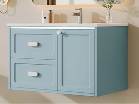 Wiszący mebel łazienkowy 76x46x51 cm - z ceramiczna umywalką - 2 szuflady i 1 drzwi - z LED - Niebieski