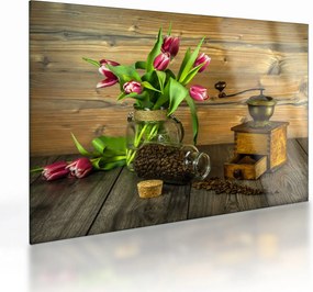 Obraz na szkle - tulipany, młynek i kawa (70x50 cm)