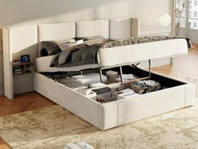 Łóżko z weluru - 160x200cm - z portem USB i 2 szafkami nocnymi - z stelażem na listwy - Beżowe