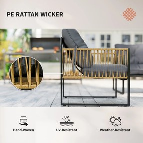 Outsunny Zestaw mebli ogrodowych, 4-elementowy, Sofa, 2 Krzesła, Stolik z blatem szklanym, Konstrukcja metalowa, Polyrattan, Antracyt