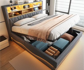 Łóżko dziecięce ze schowkiem 180x200 cm - z taśmą świetlną LED - z portem ładowania USB - len - szare (bez materaca)