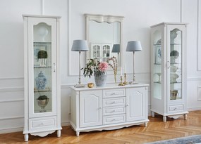 Stylowa witryna do salonu Elisabeth, wymiary 60x48x200 cm. 1-drzwiowa witryna szklana prawostronna, szuflada i szklane półki. Meble Victoria.