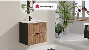 Szafka pod umywalkę wisząca ryflowana - Naturalny jasny i czarny - 60 cm - MADELA