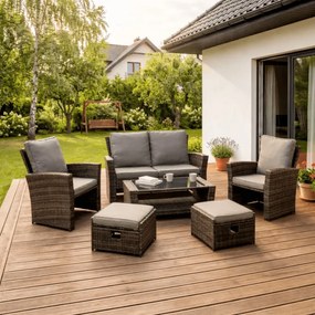 Zestaw Mebli Ogrodowych DELGADO Szary Sofa Fotele Pufy Stolik Technorattan Nowoczesny