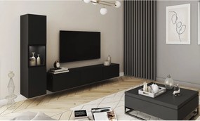Meblościanka do salonu z oświetleniem, zestaw wisząco-stojący 2-elementowy z szafką RTV 180 cm i witryną, korpus czarny mat