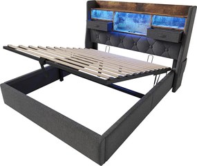 Łóżko ze schowkiem 180x200 cm Łóżko podwójne z USB i LED, zagłówek ze schowkiem - Szary len (bez materaca)