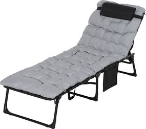 Outsunny Leżak składany, regulowane 5-pozycyjne oparcie, poduszka, wałek, do 120 kg, Stal, szary, 58 x 189 x 32,5 cm