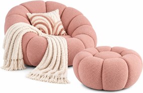 Różowy miękki fotel boucle z podnóżkiem C1-T01
