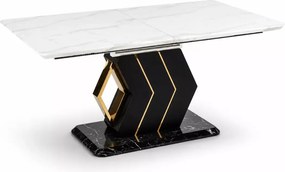 Stół Vincento rozkładany 160–200 cm – glamour biały marmur połysk MDF, czarno-złota podstawa, elegancki stół do jadalni i salon