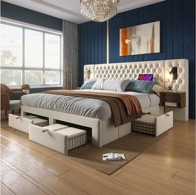 Łóżko tapicerowane z pojemnikiem na pościel, 180 x 200 cm, 2 szafki nocne + 4 szuflady + lampka do czytania + port USB - aksamitne - beżowe