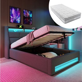 Łóżko z pojemnikiem na pościel, materac 90 x 200 cm, 7-strefowe sprężyny kieszeniowe H3, tapicerowany zagłówek, oświetlenie LED RGB, port USB i schowek - Szare