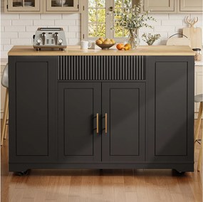 Wózek kuchenny na kółkach, czarny wózek kuchenny z 2 drzwiami i 3 szufladami, duże przegrody