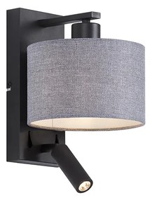 Nowoczesna lampa ścienna czarna z szarym kloszem i lampką do czytania - Puglia Nowoczesny Oswietlenie wewnetrzne