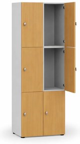 Drewniana szafka skrytkowa S4, 6 schowków, demontaż, zamek obrotowy, szary/orzech