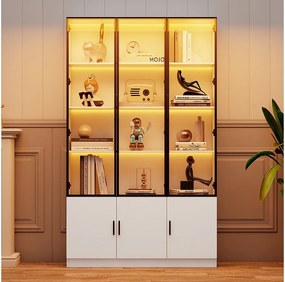 Nowoczesna, wysoka witryna - 120 x 32 x 200 cm - z diodami LED + 3 drzwi szklane + 3 drzwi drewniane - MDF - biała