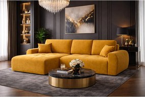 Narożnik w kształcie L z funkcją spania i pojemnikiem Ivo L, tkanina welurowa Salvador, Żółty, Lewy