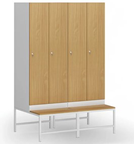 Szafka ubraniowa S1 z ławką, 2-drzwiowa, 1875 x 600 x 500/800 mm, demontaż, zamek cylindryczny, drzwi laminowane, orzech