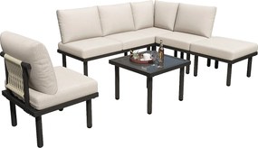 Zestaw mebli ogrodowych modułowych 6-osobowych ze stali ocynkowanej: 1 sofa 2-osobowa + 1 sofa 2-osobowa + 1 stołek + 1 kwadratowy stolik kawowy - Beżowy