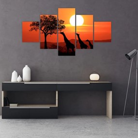 Obraz żyraf o zachodzie słońca (125x70 cm)