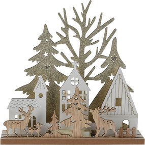 Świąteczna lampa stołowa LED Domki z jeleniami, MDF, 19,5 x 4,5 x 19,5 cm