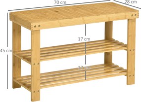HOMCOM Ława na Buty, 3 Poziomy, Pomieści 6-9 Par Butów, do 130 kg, Bambus, 70 x 28 x 45cm