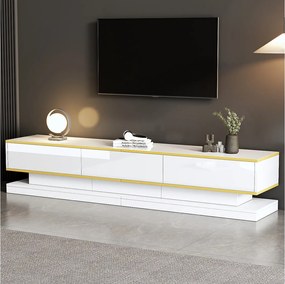 Biały stolik pod TV - stolik pod TV z 3 szufladami i złotymi wykończeniami - Płynne, ciche dolne prowadnice