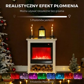 HOMCOM Kominek elektryczny, realistyczne płomienie w 9 kolorach, regulowana jasność, 1800W, pilot, timer, Biały
