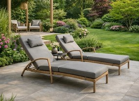 Zestaw 2 leżaków ogrodowych technorattan Ravello XL2505, naturalny, poduszki szare