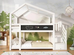 Łóżko piętrowe domek 90x200cm z litego drewna - z schodami do przechowywania (2 szuflady) i tablicą czarną - Białe