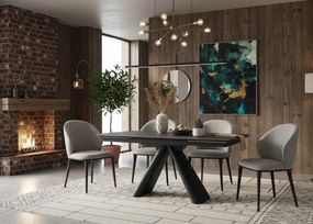 Elegancki stół z szarym ceramicznym blatem na hartowanym szkle. Metalowa podstawa z czarnej stali nadaje mu nowoczesny charakter i wyjątkową trwałość.