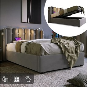 Łóżko ze schowkiem 90x200 cm - Szary aksamit - Łóżko dziecięce z lampką do czytania i portem ładowania - bez materaca