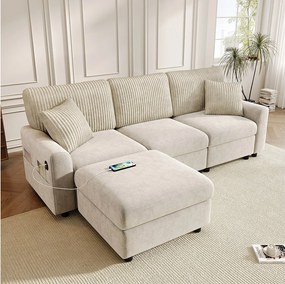 Nowoczesna sofa 3-osobowa - 223 x 146 x 84 cm - z 1 podnóżkiem + 2 poduszkami + USB + Type-C - welur - beż