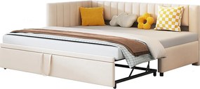 Łóżko wysuwane 90/180 x 200 cm w kształcie litery L, Sofa rozkładana - Aksamit - Stelaż z listew - Beżowy (bez materaca)